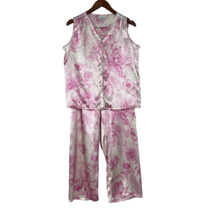 Satin Pink Floral Pajama Set Vintage Rose Print Cream Sleeveless Pajama Feminine